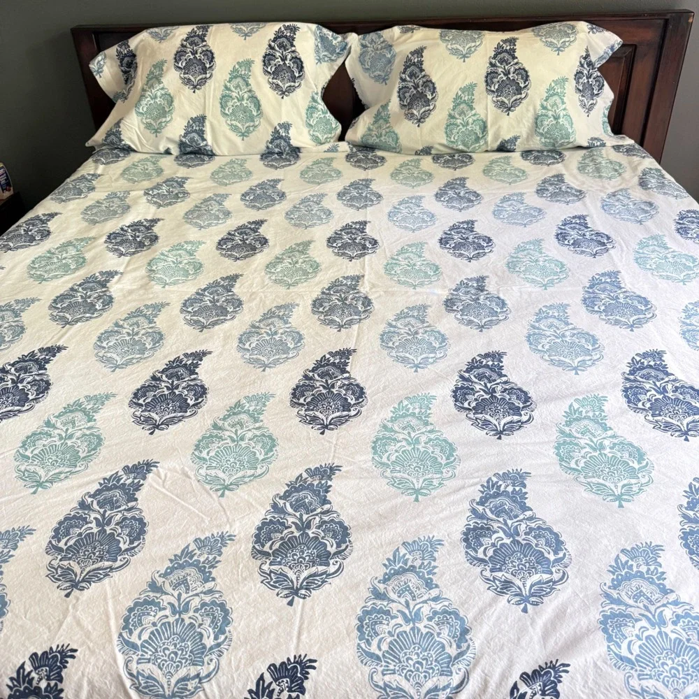 Pottery Barn King Duvet Cover Set Organic Cotton Blue Teal Paisley Block Print